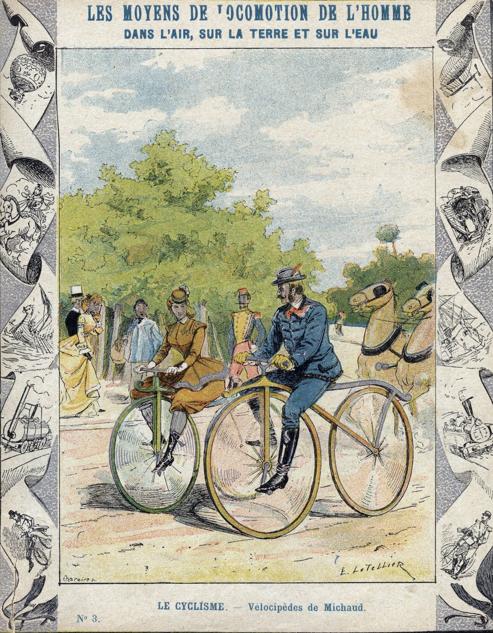 Pierre Michaux und Michaudine-Velocipedes - Aus einem Schutzumschlag für Schulbücher, Ende des 19. Jahrhunderts - Velocipedes a pedale (les michaudines) von Pierre Michaux (1813-1883) von E. Letellier