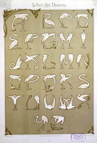 "Jugendstil" Alphabet mit dem Motiv von rosa Flamingos von E. Mulier