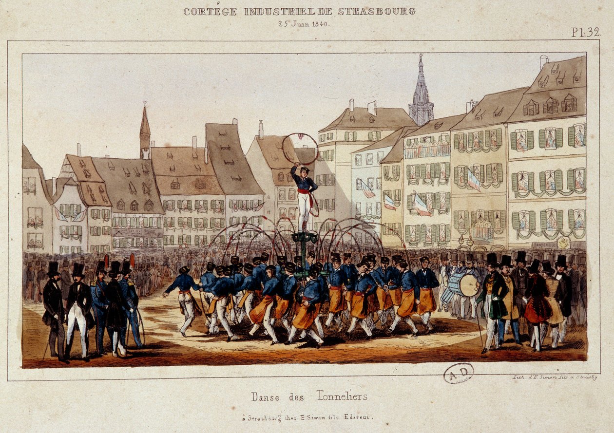 La danse des tonneliers während des industriellen Umzugs in Straßburg am 25.06.1840. Lithographie von Simon von E. Simon