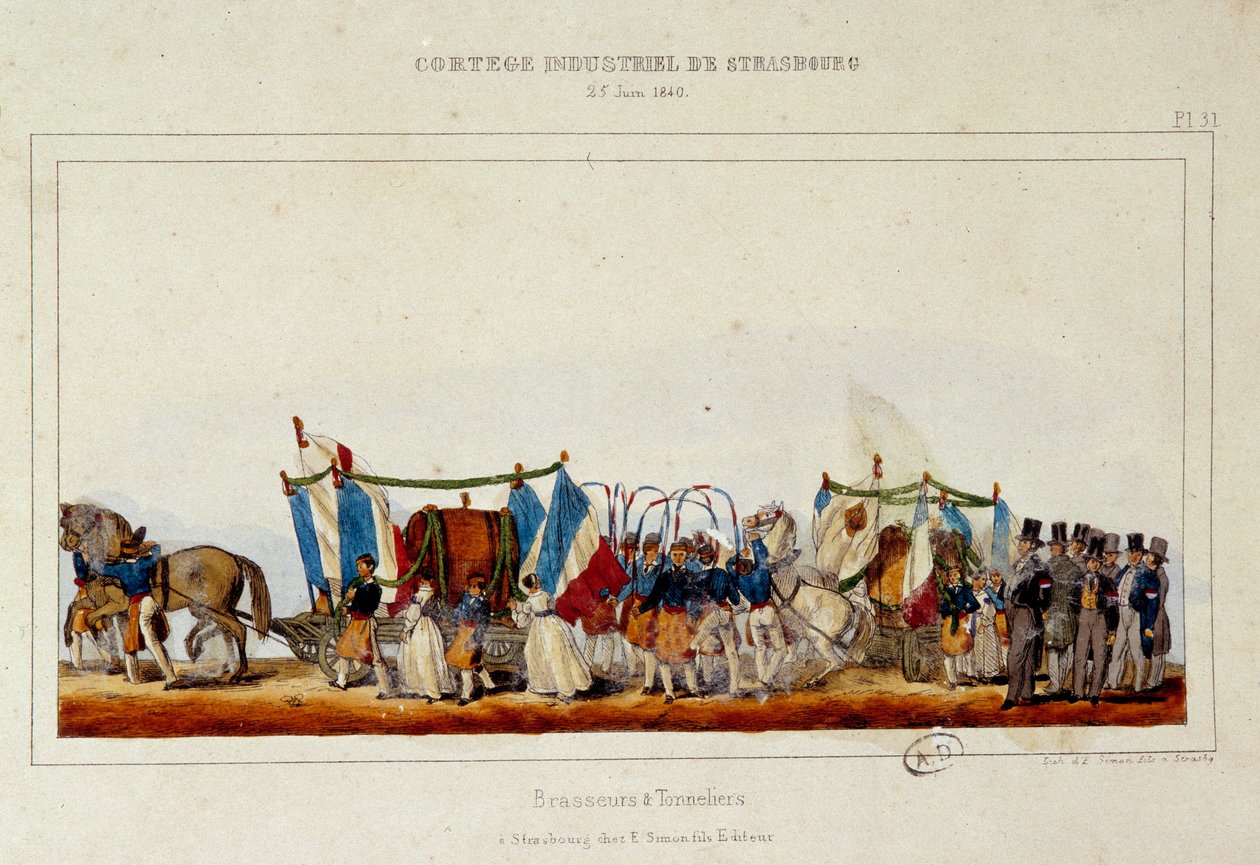 Der Tanz der Brauer und Küfer während des industriellen Umzugs in Straßburg am 25.06.1840. Lithographie von Simon von E. Simon