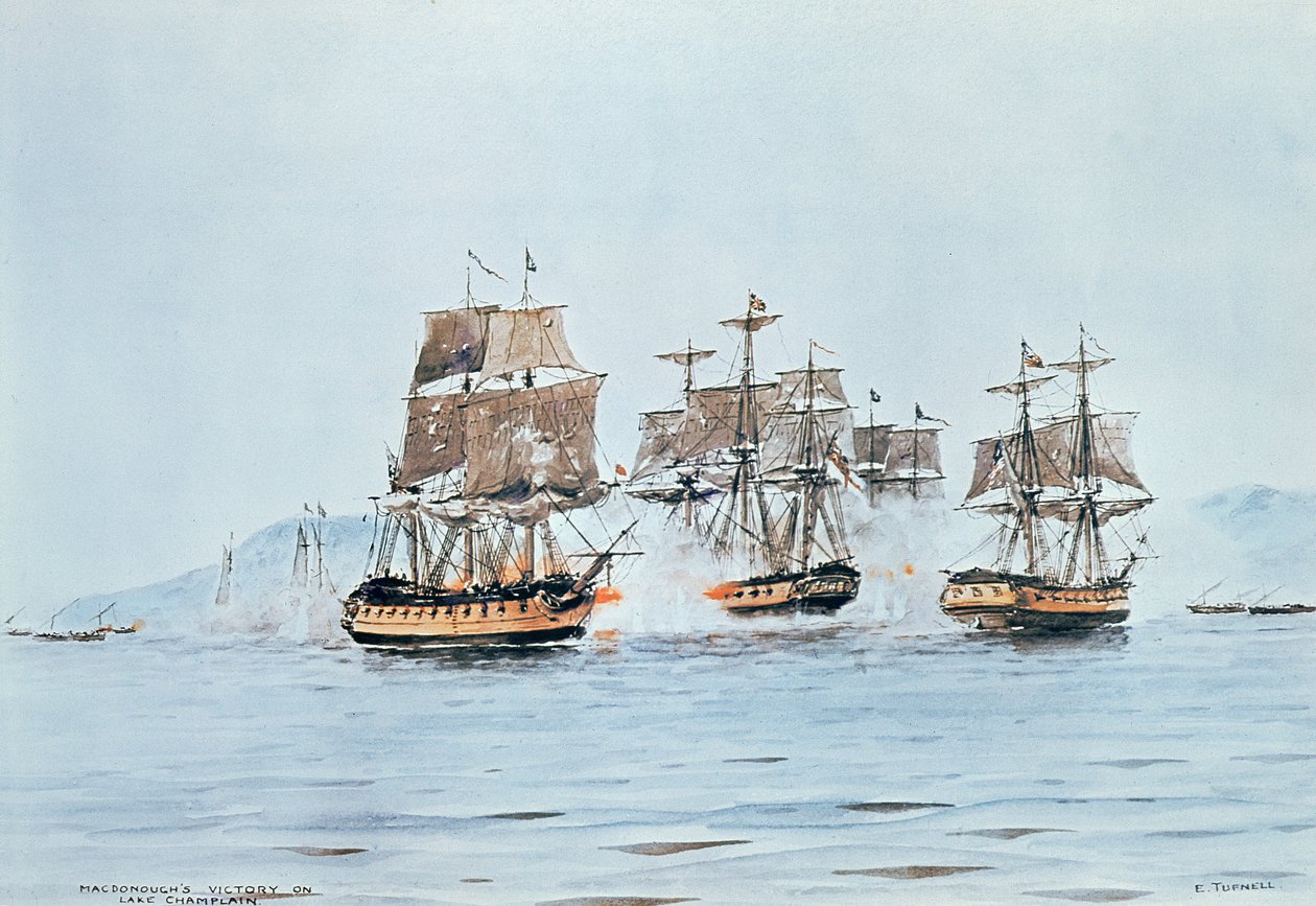 Commodore Macdonough in der Saratoga besiegt die Briten, Schlacht am Lake Champlain von E. Tufnell