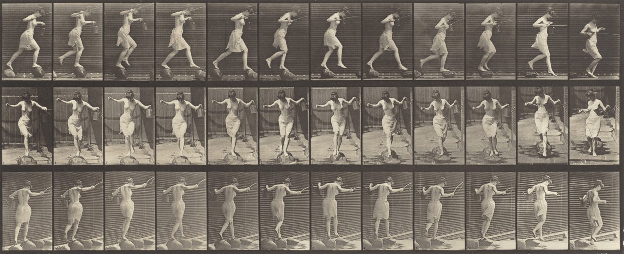 Überqueren eines Baches auf Trittsteinen mit Angelrute und Dose, 1887 von Eadweard Muybridge