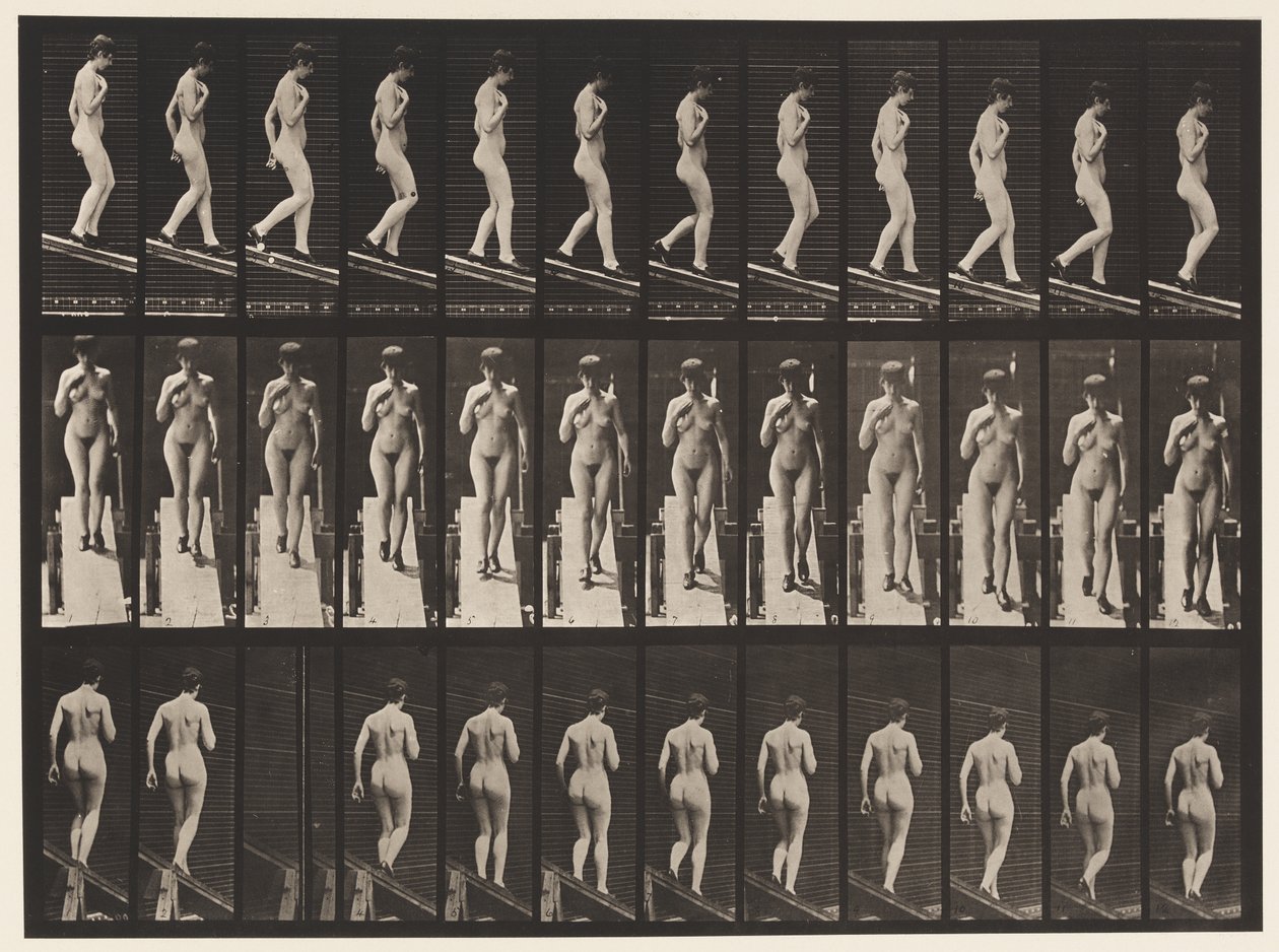 Tafel 119. Steigung hinabsteigen, rechte Hand auf Brust (Schuhe) von Eadweard Muybridge