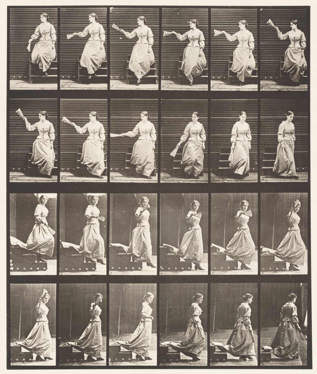Platte 140. Treppen hinuntergehen, Umschauen und Fächern von Eadweard Muybridge