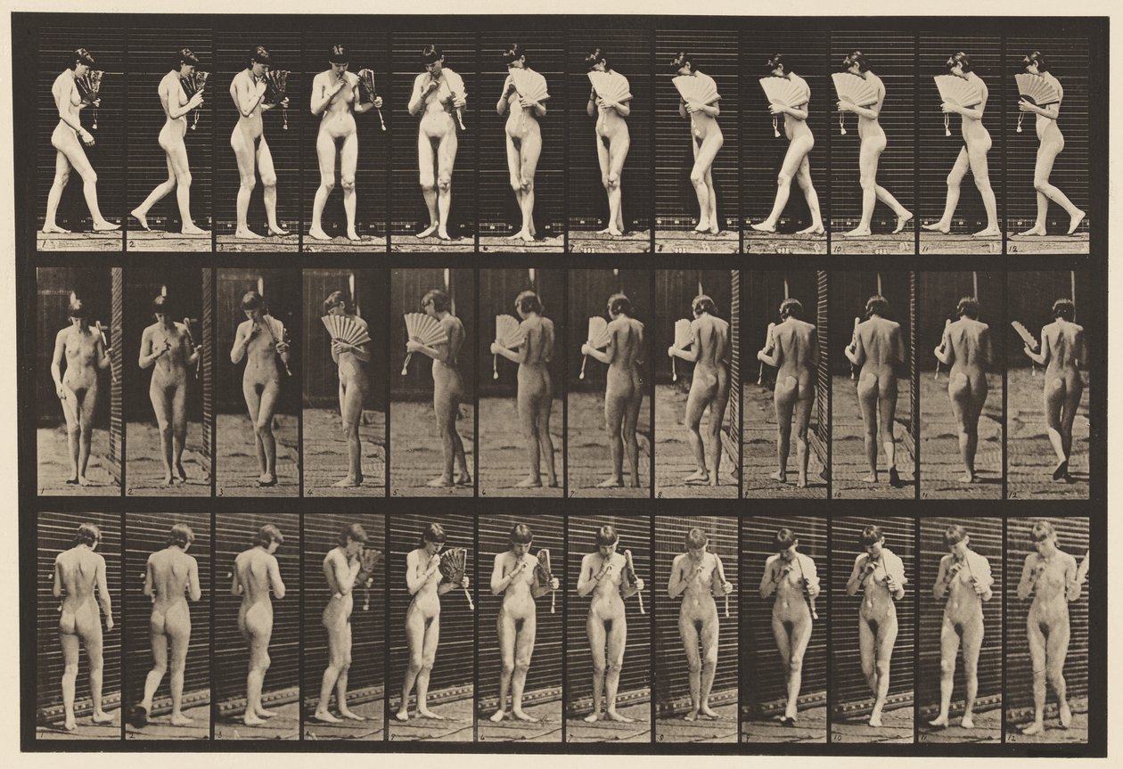 Tafel 46. Gehen, einen Fächer schwenkend und sich umdrehend von Eadweard Muybridge