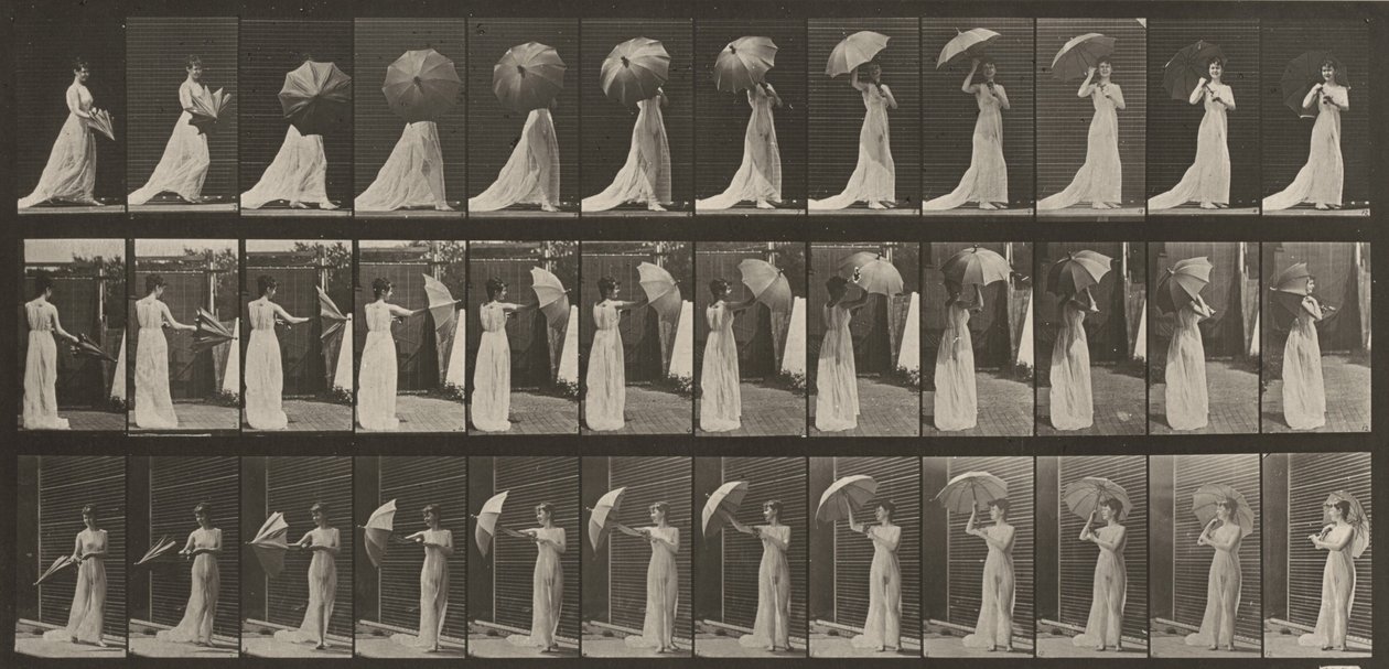 Teller Nummer 461. Einen Sonnenschirm öffnen und sich umdrehen von Eadweard Muybridge