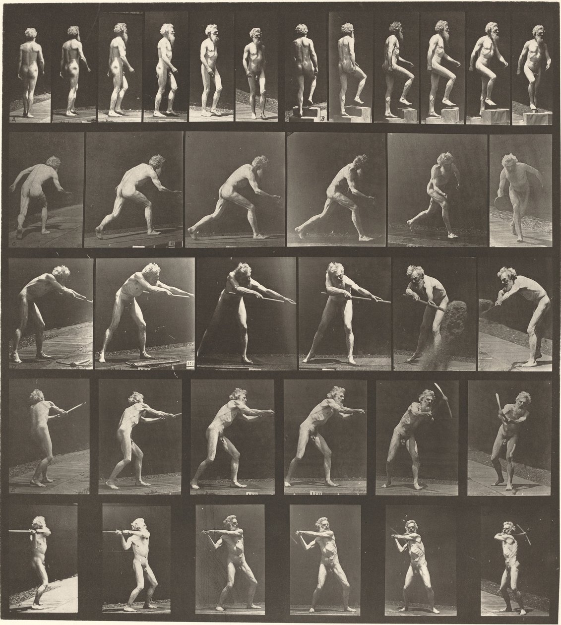 Tafel Nummer 521. A: Gehen. B: Stufe hinaufsteigen. C. Diskus werfen. D: Schaufel benutzen. E, F. Pickel benutzen von Eadweard Muybridge