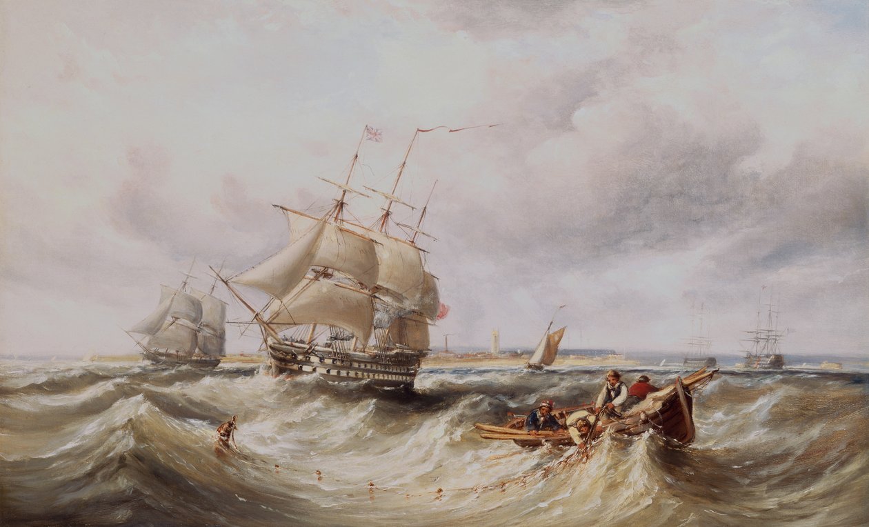 Ein Zweidecker verlässt den Hafen mit anderen Kriegsschiffen, die in der Reede ankern von Ebenezer Colls