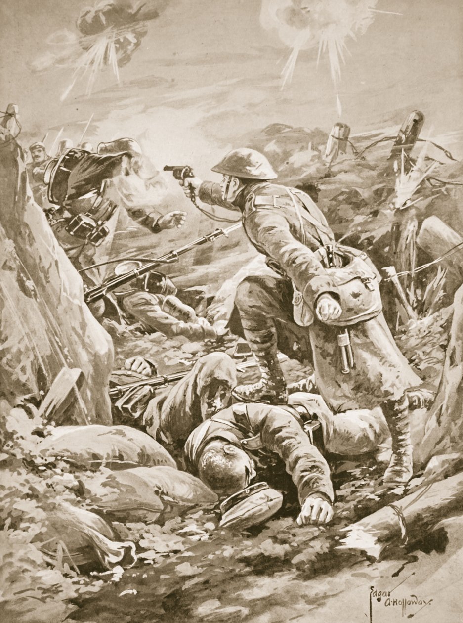 Private (Acting-Corporal) L. Clarke, der im Alleingang eine Gruppe Deutscher während eines Gegenangriffs in Schach hält von Edgar Alfred Holloway