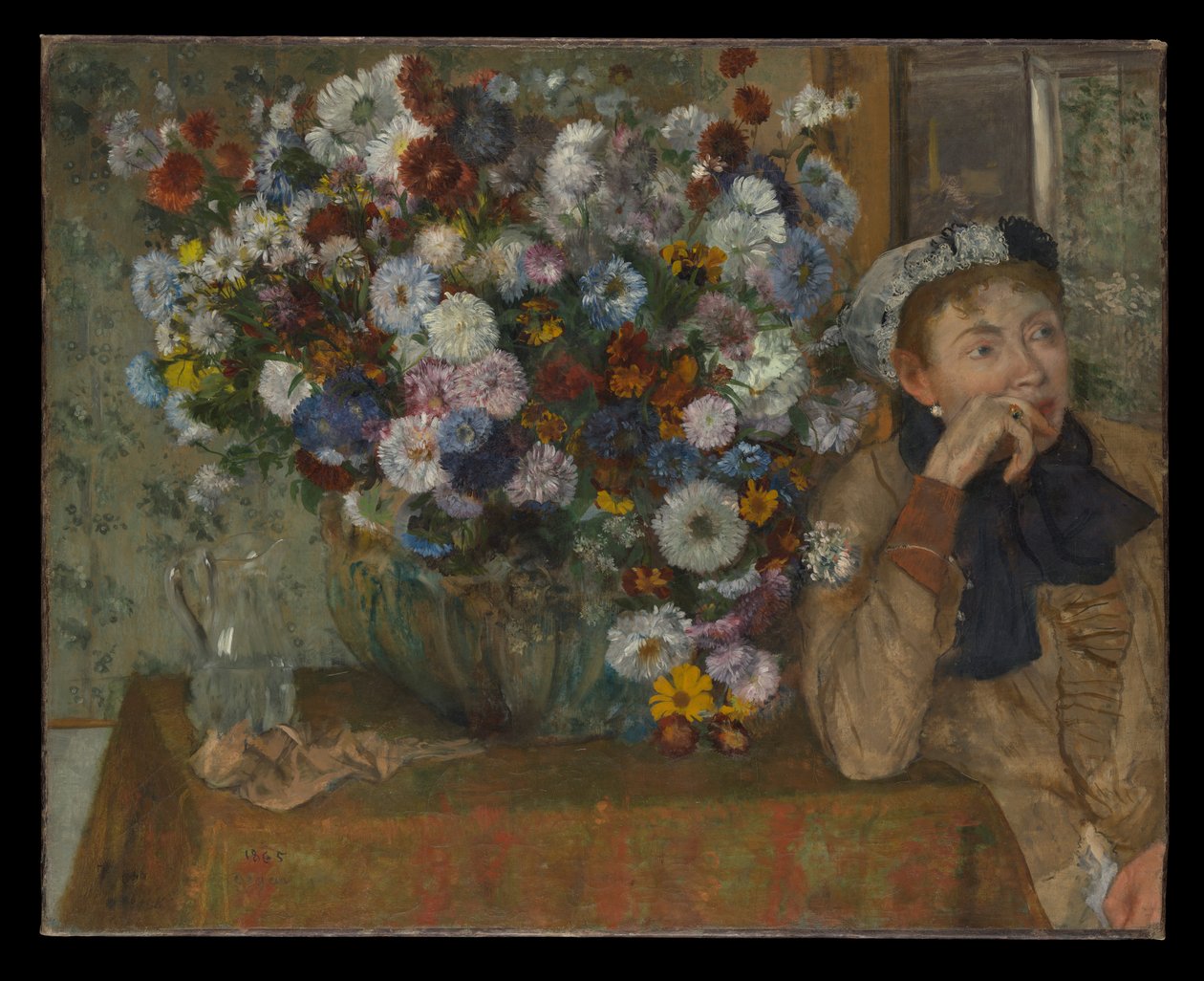 Eine Frau sitzt neben einer Vase mit Blumen (Madame Paul Valpinçon?) von Edgar Degas