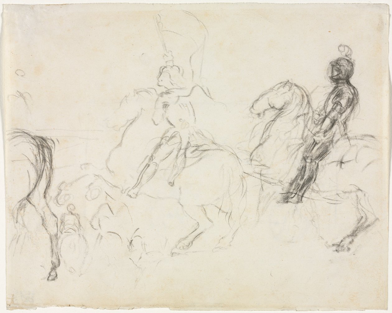 Kampfszene mit gepanzerten Figuren zu Pferd recto Zwei sitzende Frauen verso, 1856-1860 von Edgar Degas