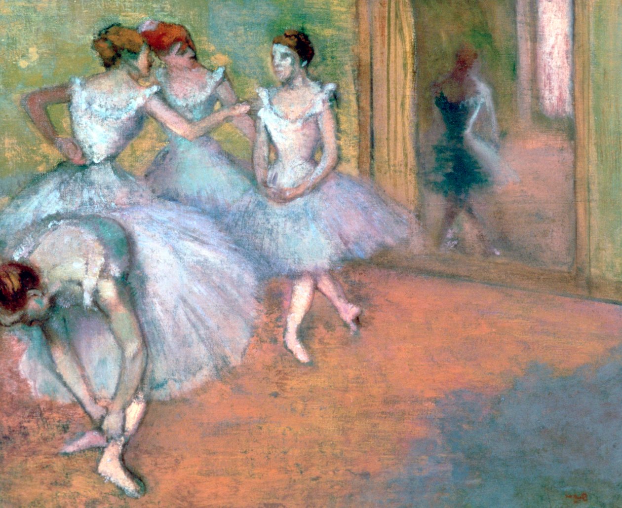 Vier Tänzer im Foyer, spätes 19. - frühes 20. Jahrhundert von Edgar Degas