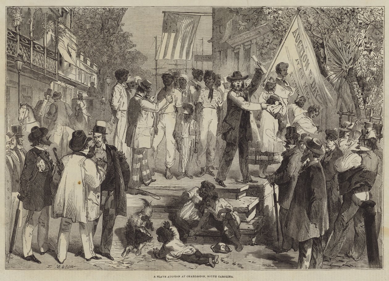 Eine Sklavenauktion in Charleston, South Carolina (Gravur) von Edmond (after) Morin