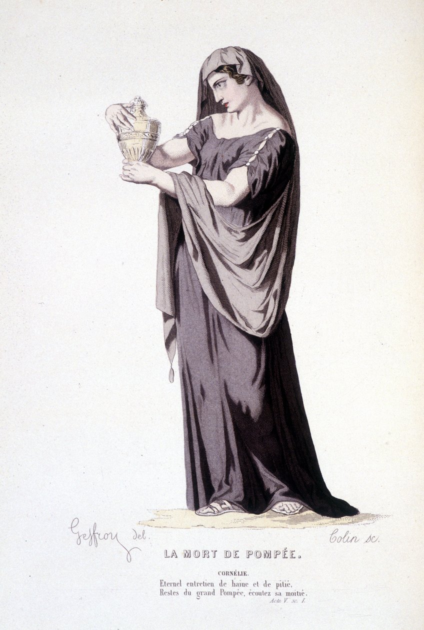 Die Figur der Cornelie im Theaterstück La mort de Pompée - Vollständiges Theater: (Sammlung von Stücken von Corneille) Zeichnung von Geffroy, Gravur von Colin - ed. Laplace, Sanchez et Cie, Paris 1884 von Edmond Aime Florentin Geffroy