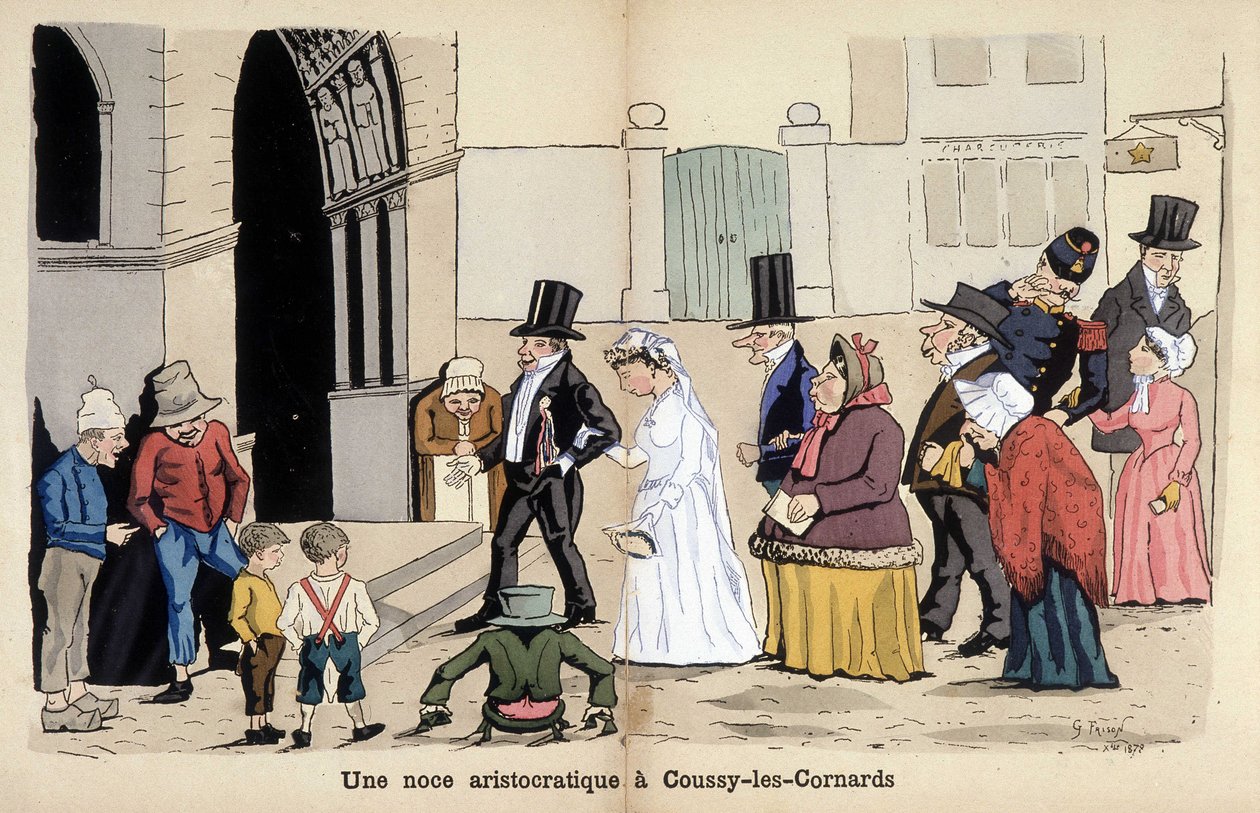 Karikatur der französischen Gesellschaft von Lavrate: eine aristokratische Hochzeit in Coussy les Cornards. 1880 von Edmond Lavrate