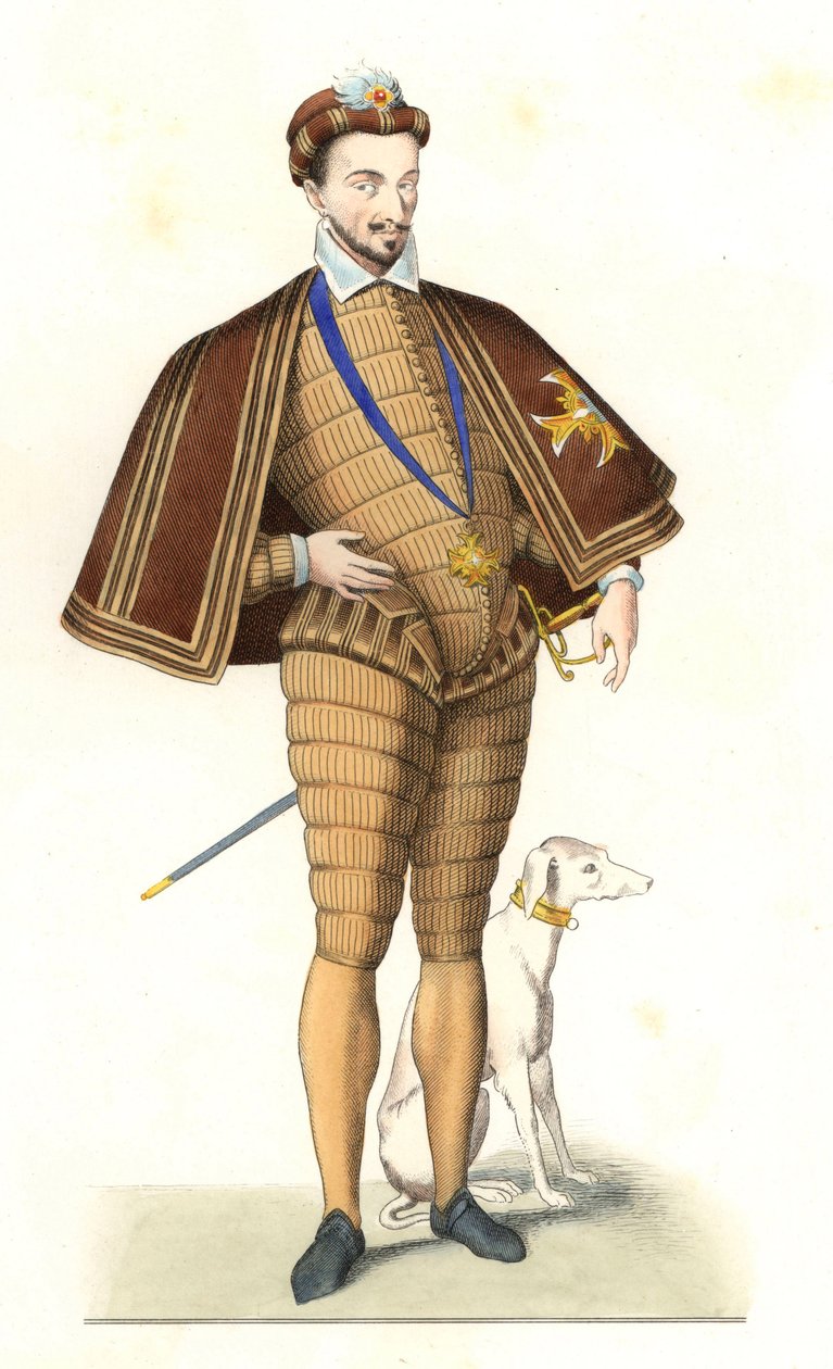 König Heinrich III. von Frankreich (1551-1589), mit dem Halsband des Ordens des Heiligen Geistes - Lithografie nach einer Illustration von Edmond Lechevallier-Chevignard (1825-1902), aus „Historische Kostüme des 16. Jahrhunderts“ von Edmond Lechevallier Chevignard