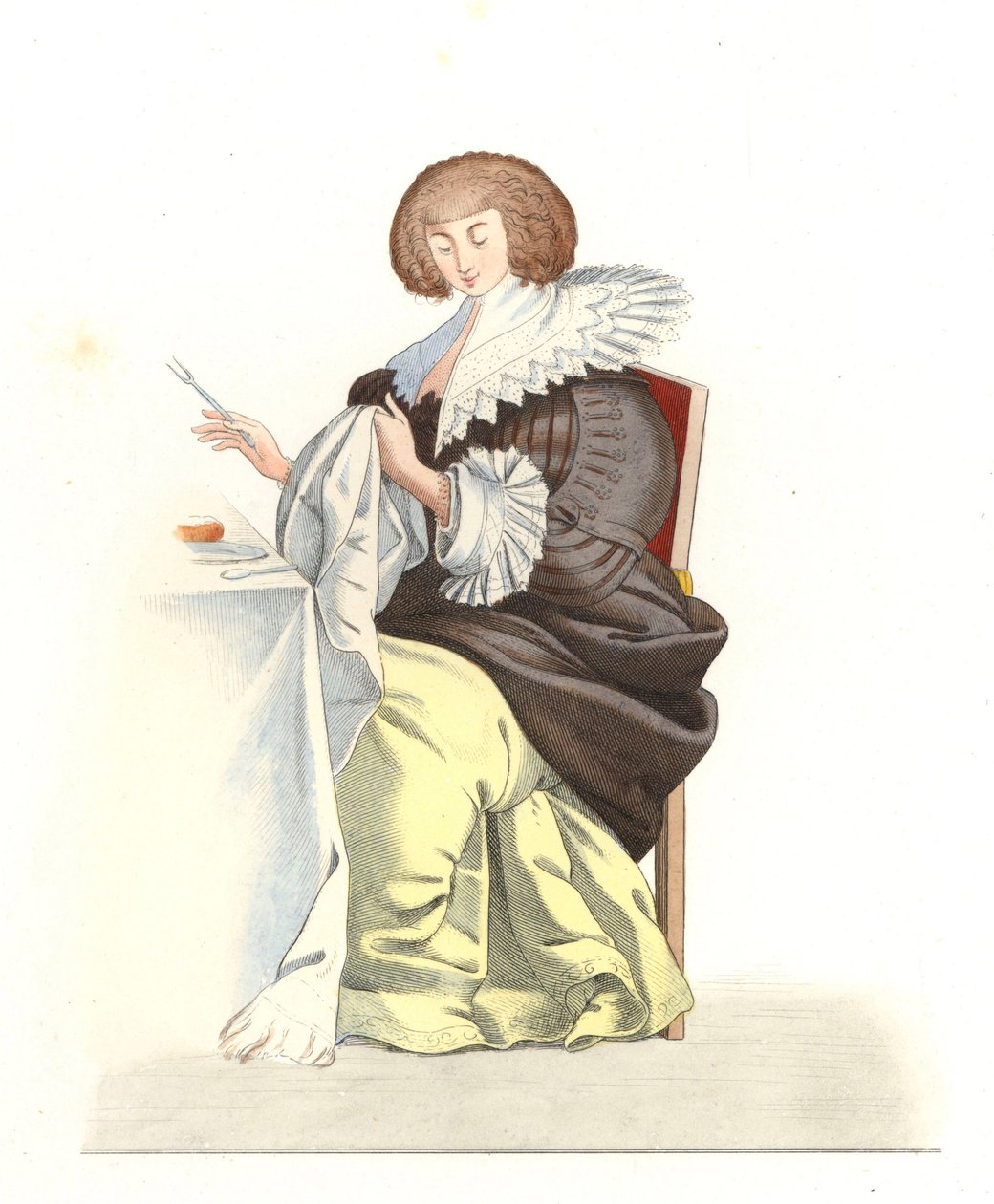 Frau des französischen Adels 16. Jahrhundert, nach einem Stich von Abraham Bosse (1602-1676) - Lithographie nach einer Illustration von Edmond Lechevallier-Chevignard (1825-1902), aus „Costumes historiques des 16th“ von Edmond Lechevallier Chevignard