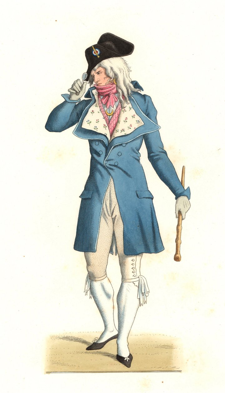 Junger Franzose in der Mode der Incrediables des 18. Jahrhunderts, nach einem Gemälde von Carle Vernet (1758-1836) - Lithografie aus einer Illustration von Edmond Lechevallier-Chevignard (1825-1902), aus 