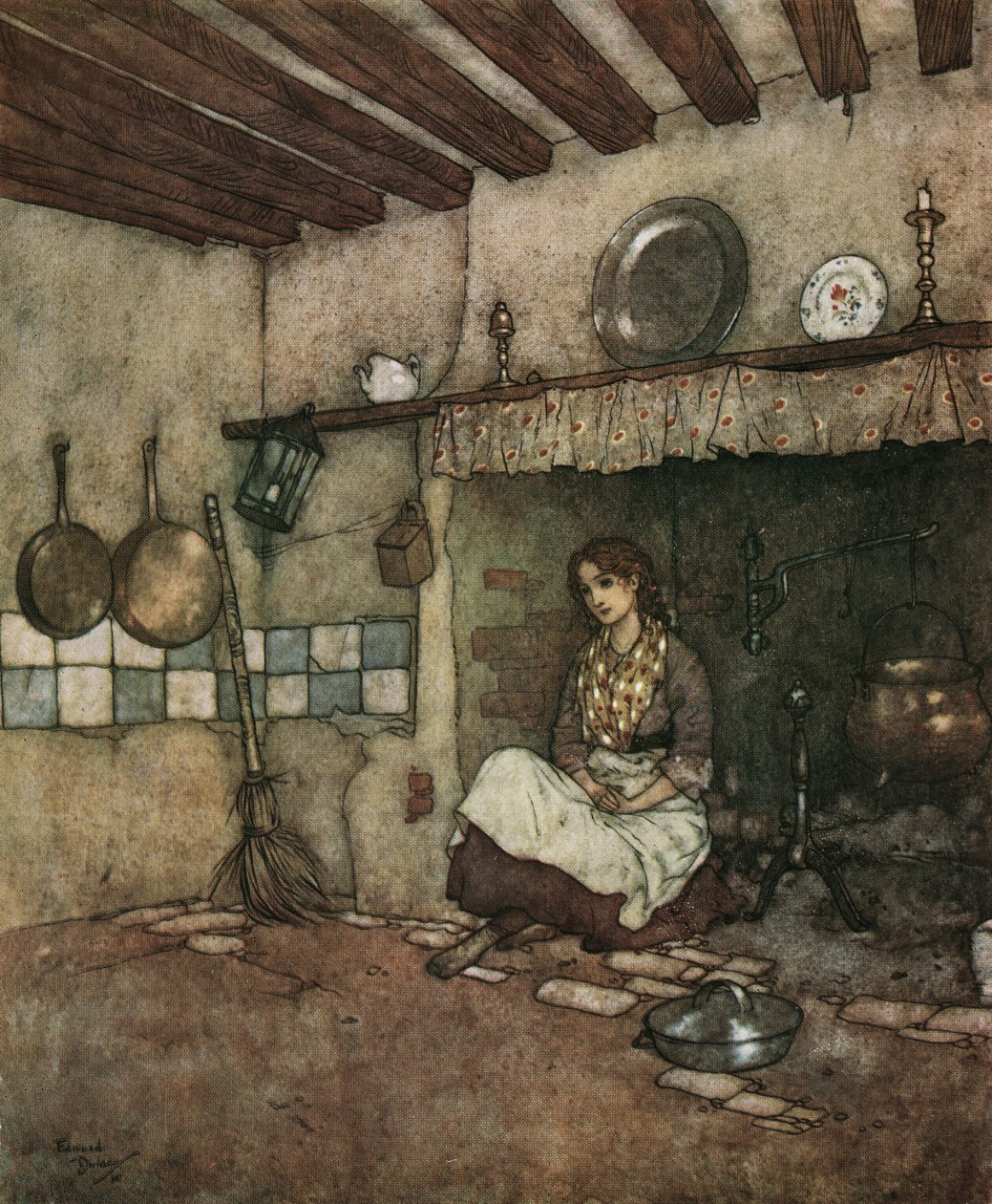 Aschenputtel: das junge Aschenputtel sitzt in der Asche im Kamin, ca. 1910 von Edmund Dulac