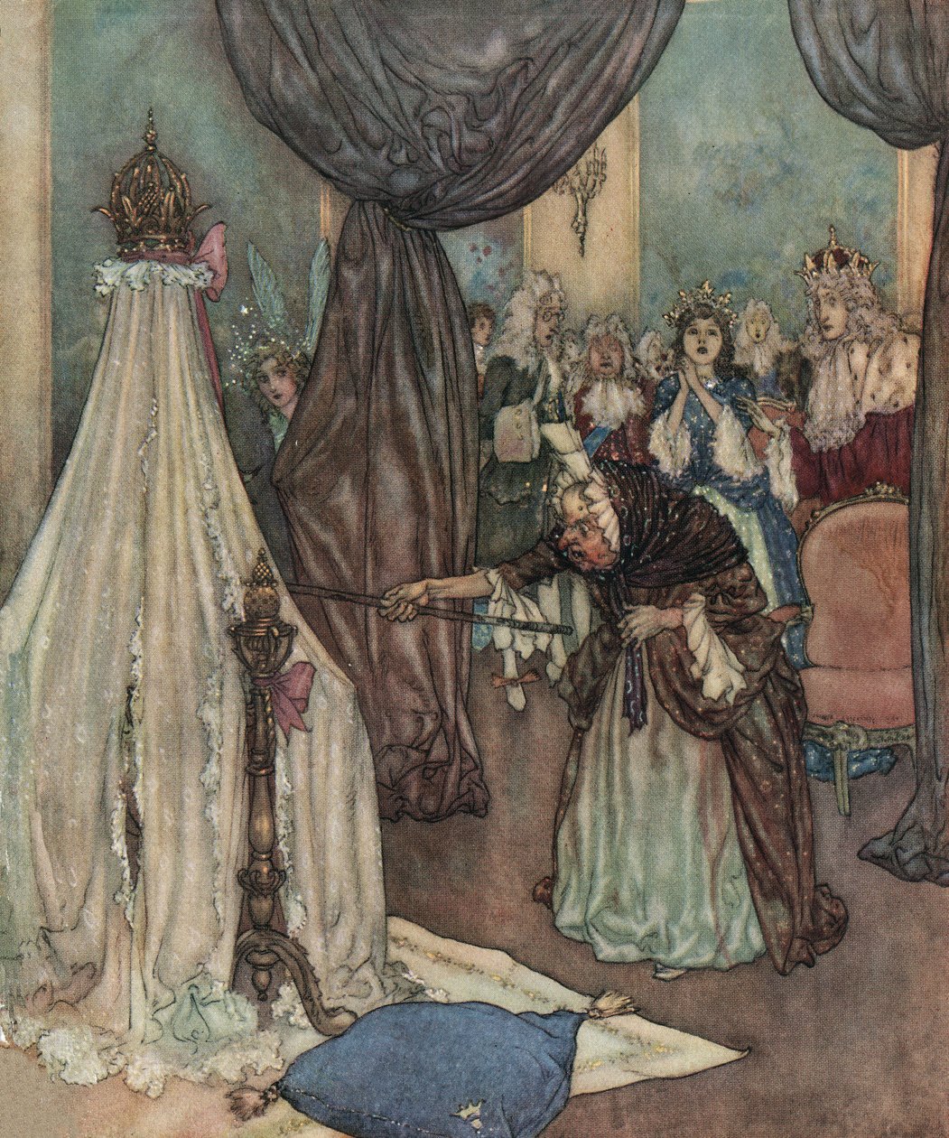 Dornröschen: Eine alte Fee beugt sich über die Wiege der Prinzessin und verflucht sie, ca. 1910 von Edmund Dulac