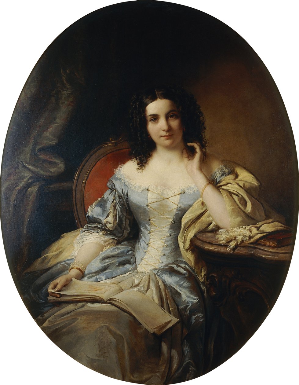Porträt einer sitzenden Dame im blauen und weißen Kleid, 1853 von Edouard Ender