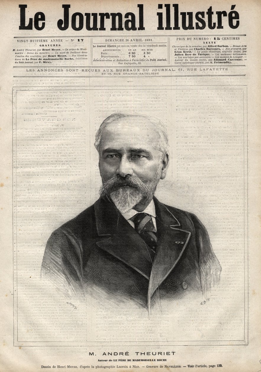 Porträt von Andre Theuriet (1833-1907), französischer Romanautor, Dichter und Akademiker - Gravur von Navellier in „Le journal illustrious“ von 1891 von Edouard Felicien Eugene Navellier