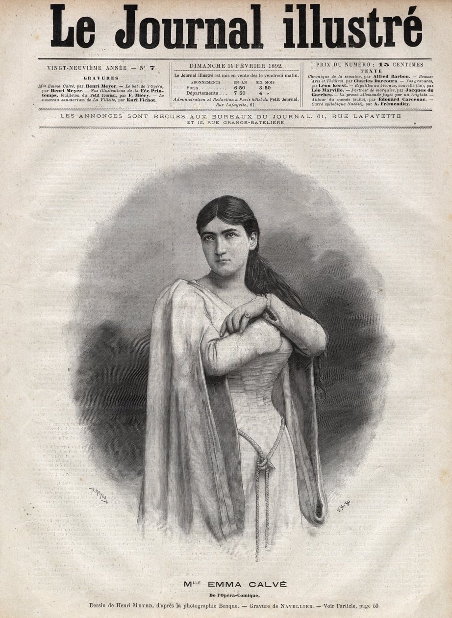 Porträt von Emma Calve (Rosa Noemie Emma Calvet de Roquet, genannt) (1858-1942), französische Sopranistin - Gravur von Navellier in „The Illustrous Journal“ von 1892 von Edouard Felicien Eugene Navellier