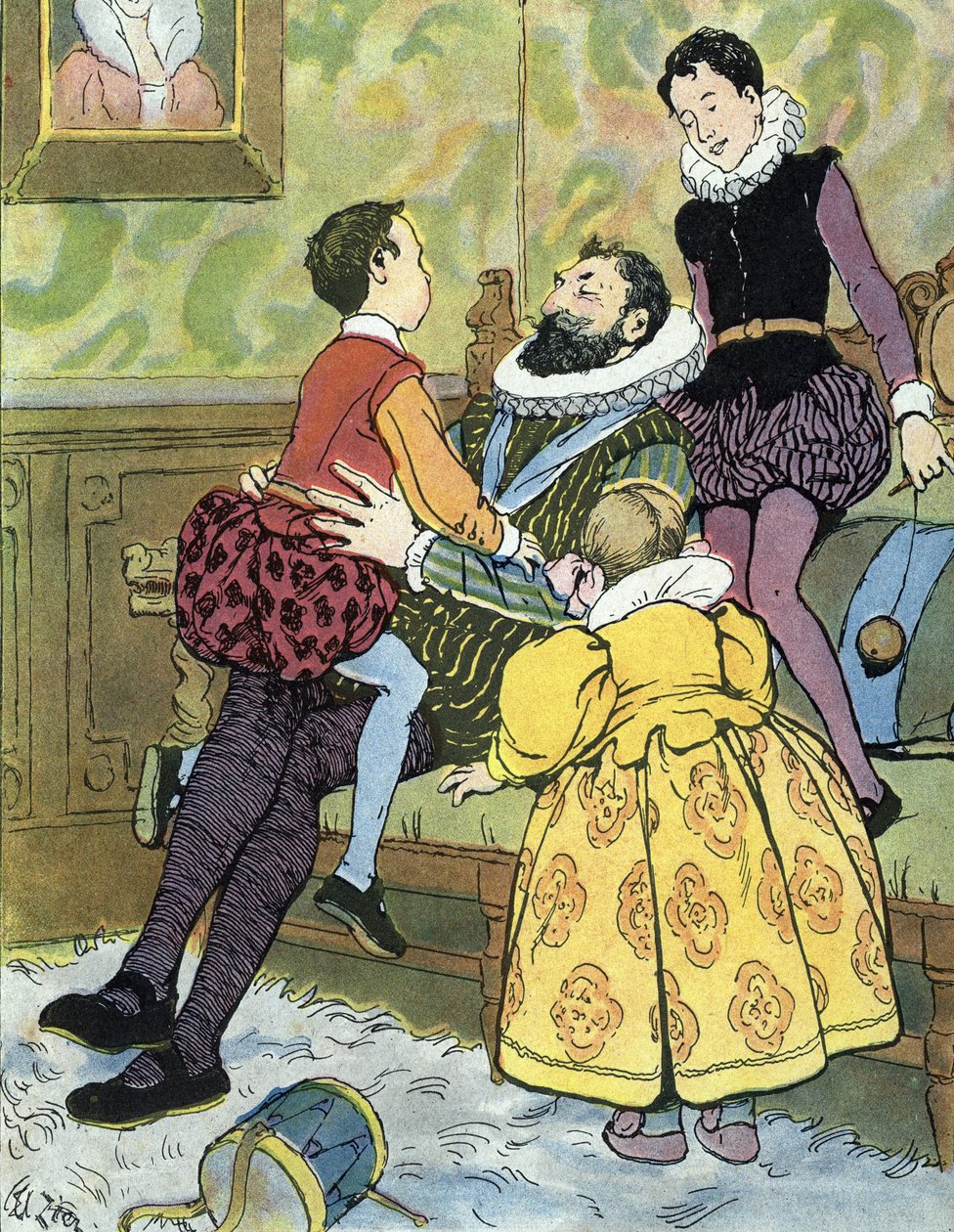 König von Frankreich Henri IV spielt mit seinen Kindern (1553-1610) Illustration von Edouard Zier in „Nos-Gloriers-Nationales“ 1920 Privatsammlung von Edouard Francois Zier