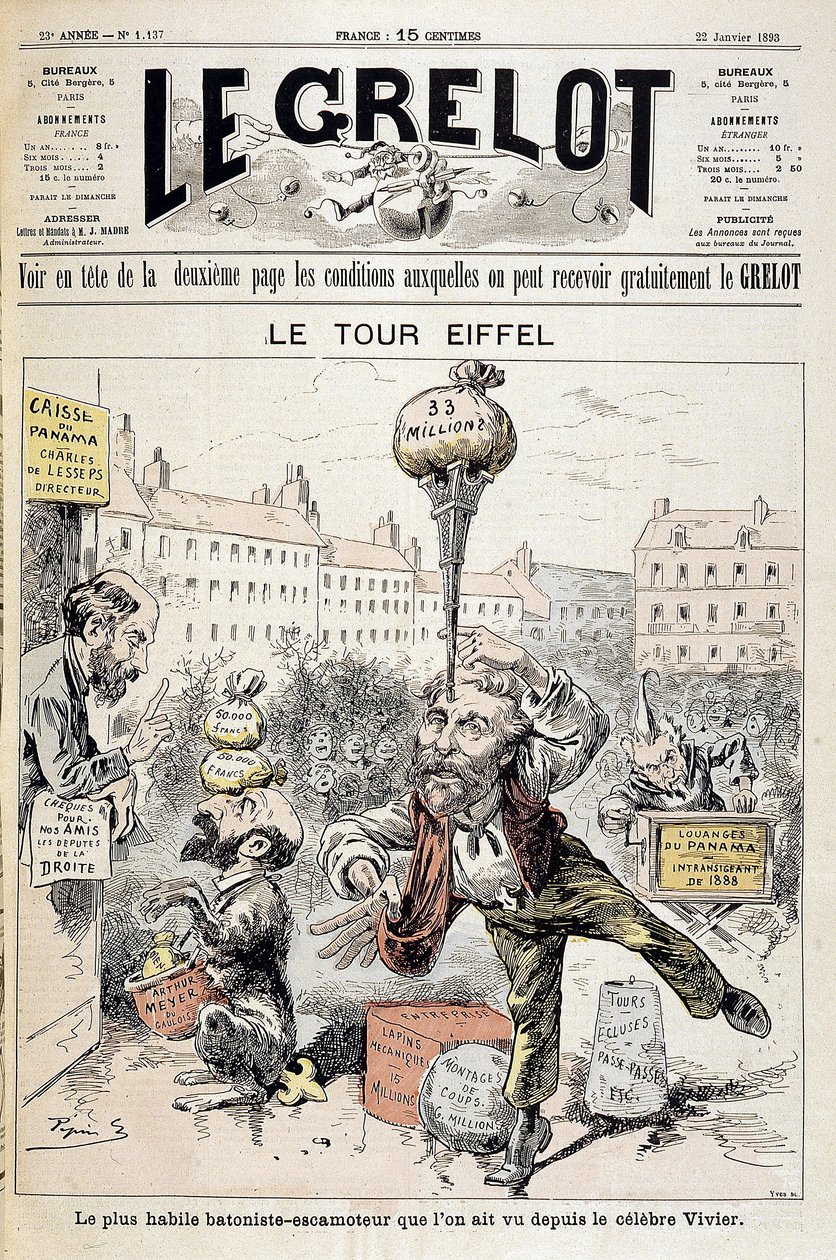 Karikatur über Finanzskandale „Der Eiffelturm: der geschickteste Batonist - Rückzieher seit dem berühmten Vivier“. Titelbild „Le Grelot“ vom 22. Januar. von Edouard Guillaumin Pepin