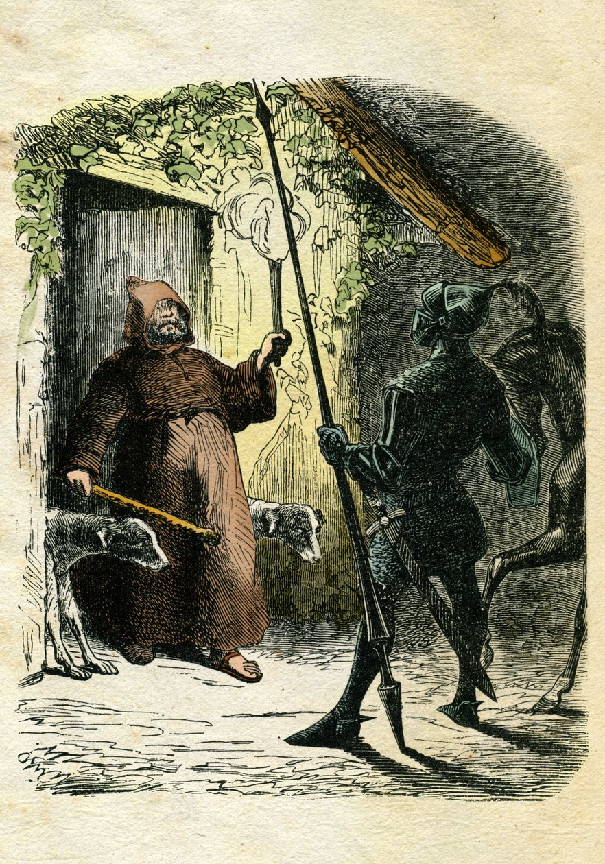 Illustration von Edward Frère (1797-1874) und Theodore Lix (1830-1897) zu „Ivanhoe“ von Walter Scott (1771-1832), einem schottischen Schriftsteller: Der Schwarze Ritter nimmt die Gastfreundschaft eines Einsiedlers im Wald an. von Edouard & Lix Theodore (1830-1897) Frere