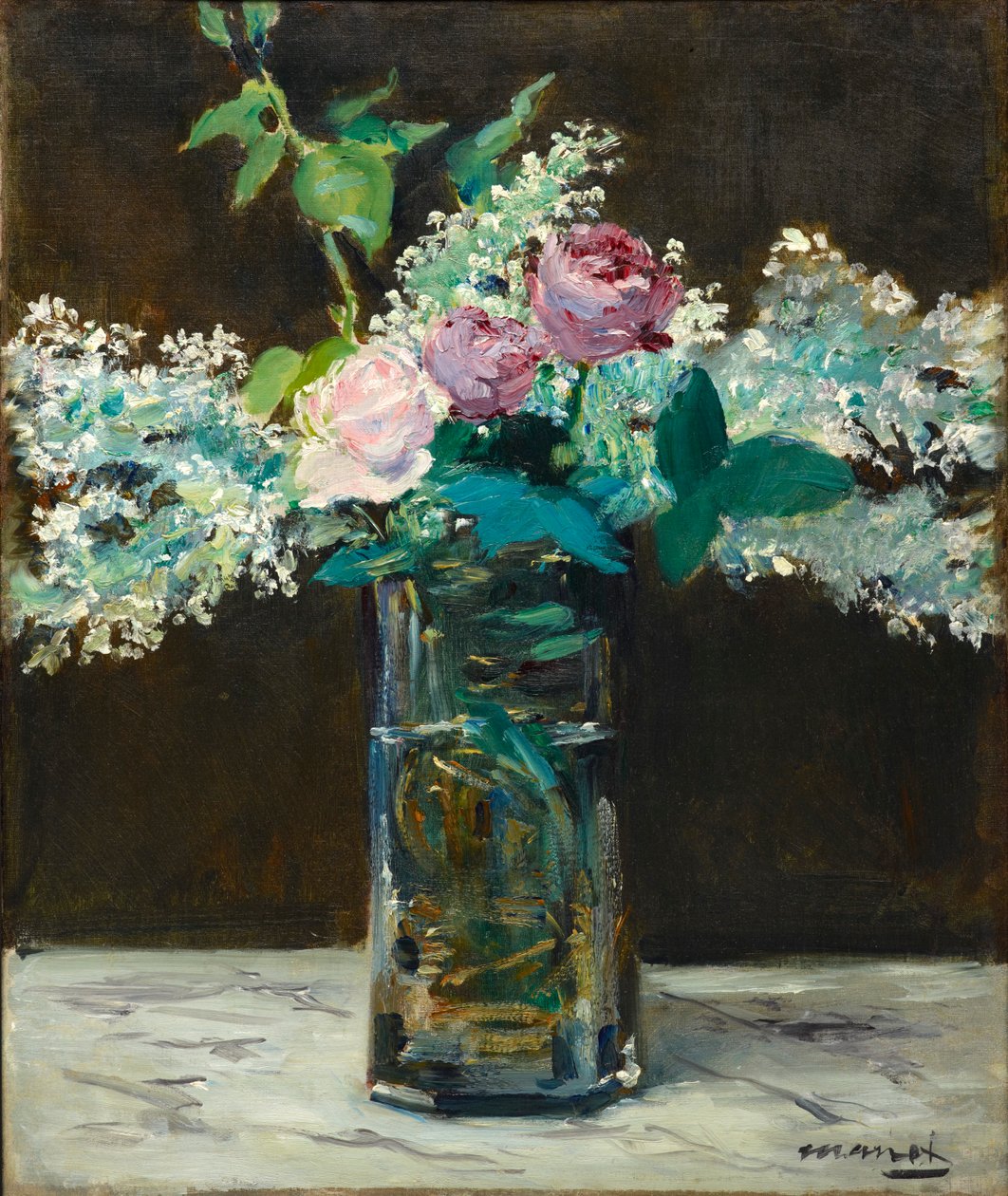 Vase mit weißen Flieder und Rosen von Édouard Manet