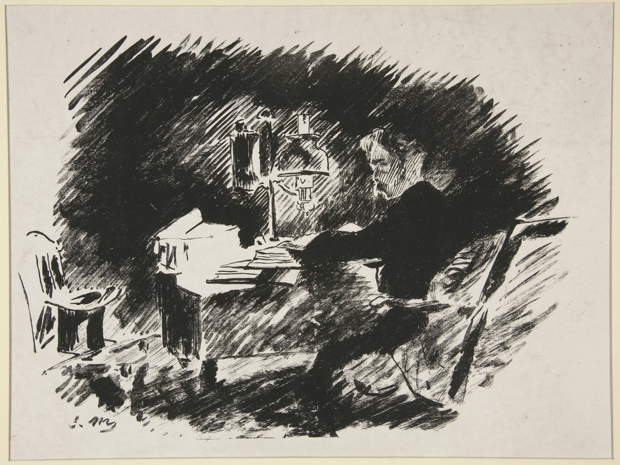 Unter der Lampe, erste Illustration zu Mallarmés Übersetzung von Poes „Der Rabe“ von Édouard Manet