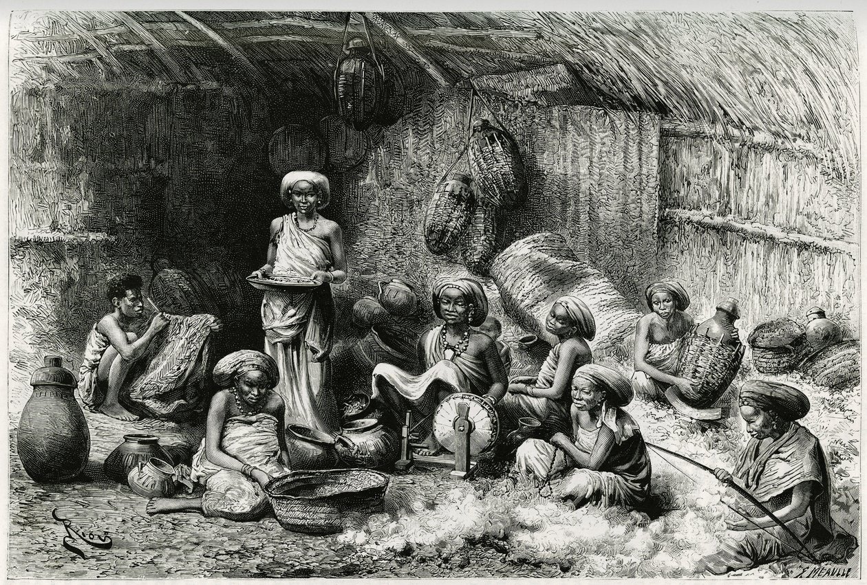 Ein Nachmittag bei der Favoritin des Scheichs der Gobrons, Frauenaktivitäten: Stickerei und Wollspinnen, Korbflechten und Töpfern. Gravur von Riou, zur Illustration der Geschichte „Reise bei den Benadir, den Somalis und den Bayoun“ von Georges Rev von Edouard Riou