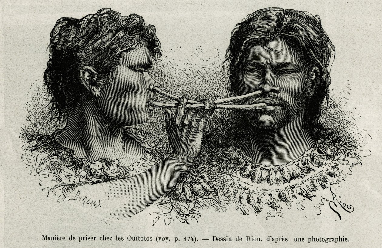 Ein Instrument aus Vogelknochen und eine Art Schnupfen unter den Indianern Ouïtotos (Uitoto), die im Einklang blasen und gleichzeitig den Fang senden. Gravur von Riou, zur Illustration der Geschichte De Cayenne aux Andes, von Jules Crevaux, Arzt der franzö von Edouard Riou