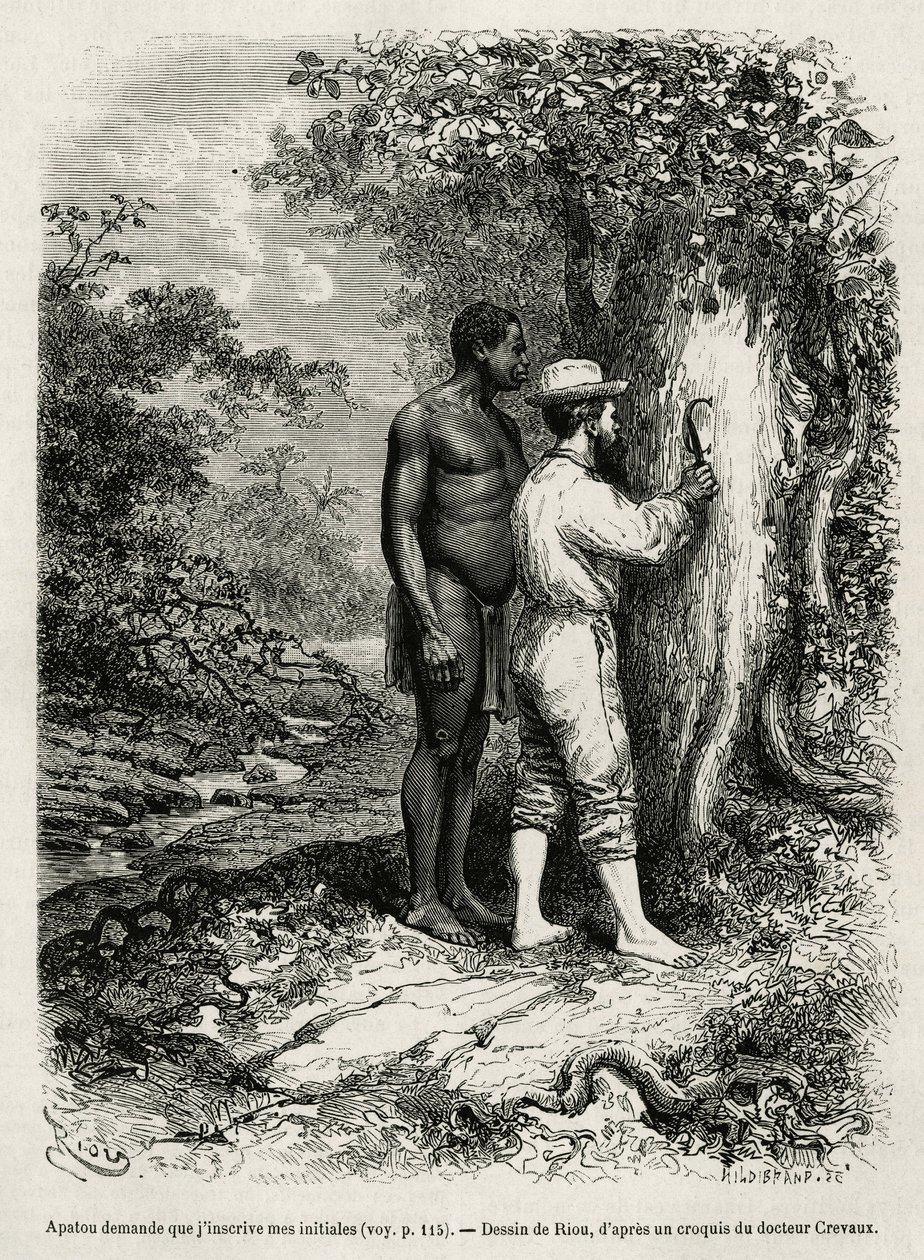 Apatou, Führer und Reisebegleiter, bittet den Entdeckerautor, seine Initialen in die Rinde eines Baumes zu gravieren. Gravur von Riou, um die Geschichte von Cayenne aux Andes von Jules Crevaux, Arzt der französischen Marine, in 1878-1879 zu illustrieren, v von Edouard Riou