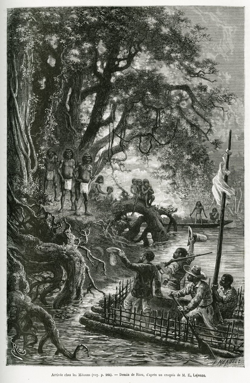 Ankunft des Floßes von Dr. Crevaux und E. Lejeanne an den Ufern des Dorfes Mitouas. Gravur von Riou, zur Illustration der Entdeckungsreise durch Neugranada und Venezuela, von Dr. Crevaux, Arzt erster Klasse der Marine und E. Lejeanne von Edouard Riou