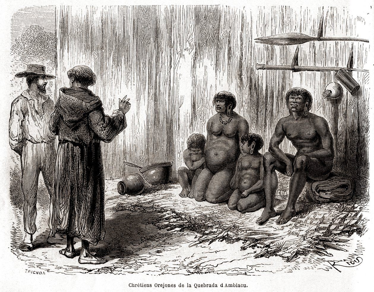 Christliche Evangelisierung einer Familie von Yahuas Orejones Indianern in Peru von Edouard Riou