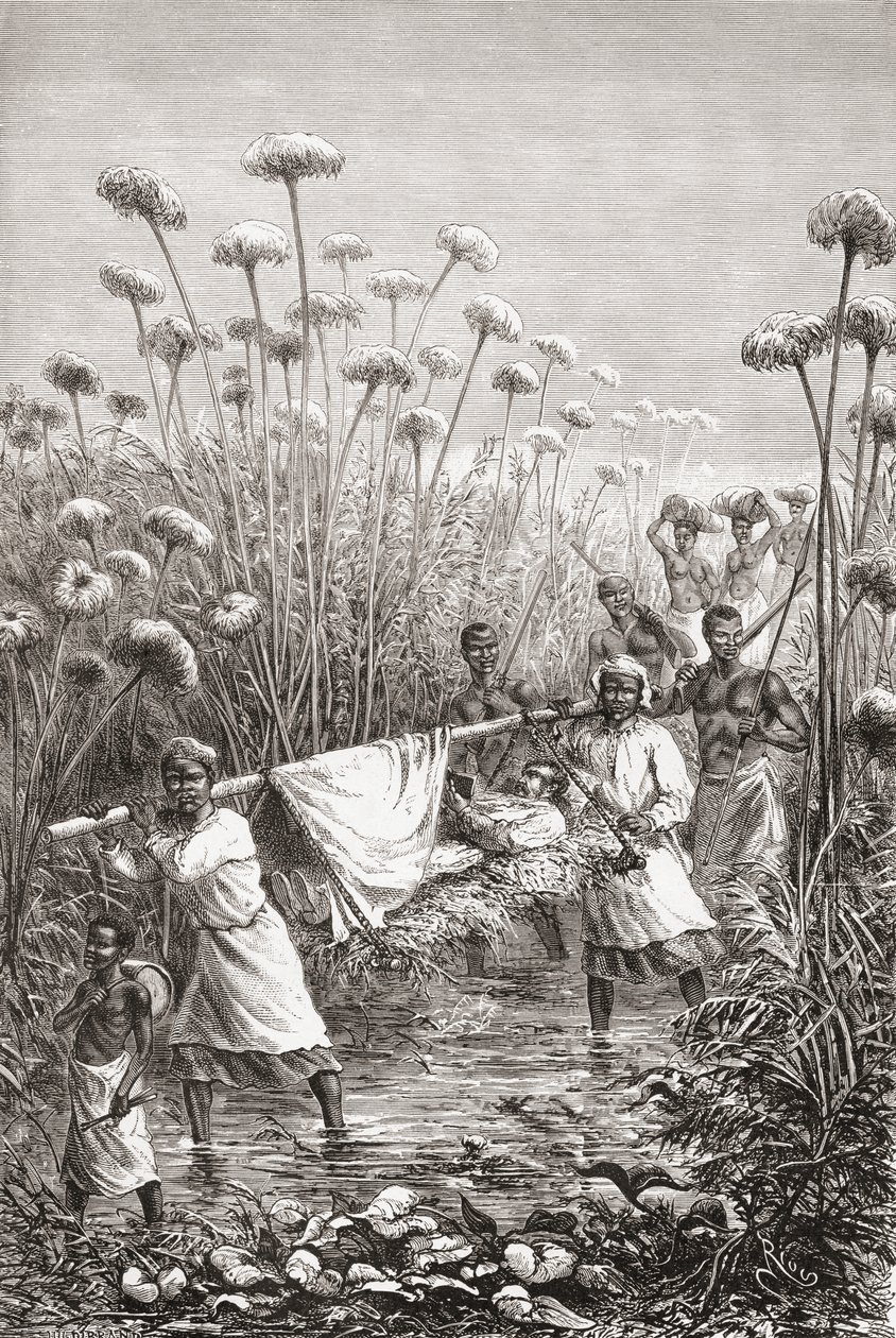 Dr. David Livingstone wird die letzten Meilen zum Dorf Tchitammbo, Afrika, kurz vor seinem Tod getragen, Illustration aus "The World in the Hands", graviert von Henri Theophile Hildibrand von Edouard Riou