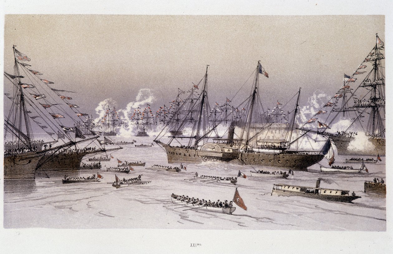 Einfahrt des Adlers nach Port Said zur Einweihung des Suezkanals - in "Durch den Isthmus von Suez" von Riou, Marius Fontaine von Edouard Riou