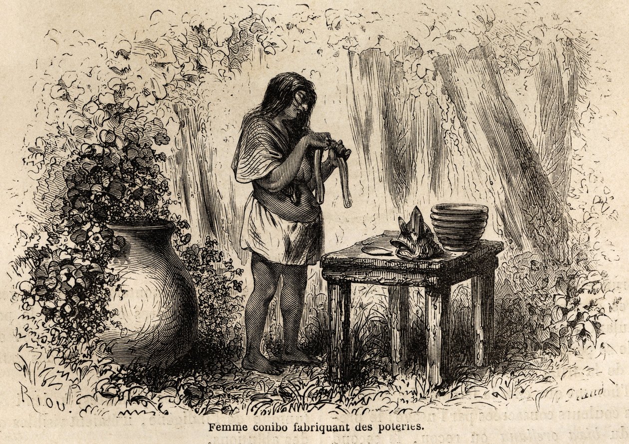 Herstellung von Töpferwaren durch einen Conibo-Indianer aus Peru, Zeichnung von Riou zur Illustration der Reise von 1848 bis 1860 von P. Marcoy, vom Pazifischen Ozean zum Atlantischen Ozean. Gravur in „Le tour du monde“, herausgegeben von Edouard Charton von Edouard Riou