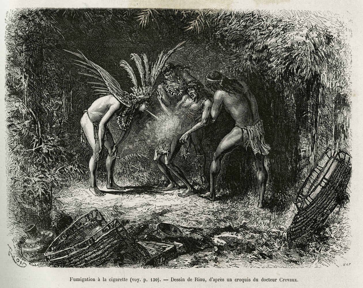 Medizinische Räucherung mit Zigaretten bei den Roucouyan-Indianern. Gravur von Riou, um die Geschichte von Cayenne aux Andes von Jules Crevaux, Arzt der französischen Marine, in 1878-1879 zu illustrieren, veröffentlicht in der Tour du monde, unter der Leit von Edouard Riou
