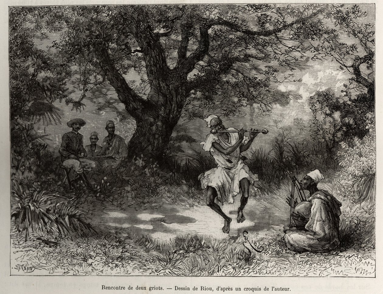 Treffen mit zwei Griots, Kapitän Binger, der im Schatten sitzt, genießt die Show. Gravur von Riou, zur Illustration der Geschichte „Vom Niger zum Golf von Guinea“ von Kapitän Louis Gustave Binger (1856-1936), 1887-1889, in Le tour du monde, nouveau journal von Edouard Riou