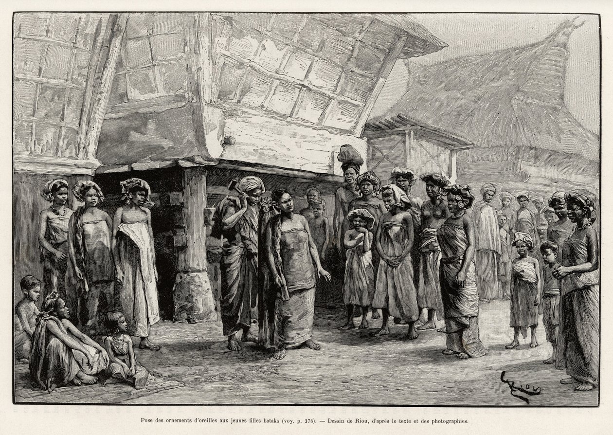 Spielende Ohrschmucke bei Batak-Mädchen, ethnische Gruppe von Nord-Sumatra. Gravur von Riou zur Illustration der Geschichte „Ein Jahr in Malaysia“, von Jules Claine (1856-1939) von Edouard Riou