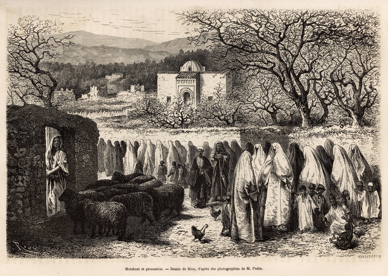 Prozession zum Marabout de Tlemcen (Grab mit einer Kuppel eines verehrten Mannes des Islam), graviert nach einer Zeichnung von E. Riou, zur Illustration der Reise nach Tlemcen (Algerien), von E. de Lorral, 1875, veröffentlicht in „Le tour du monde“ 1875, h von Edouard Riou