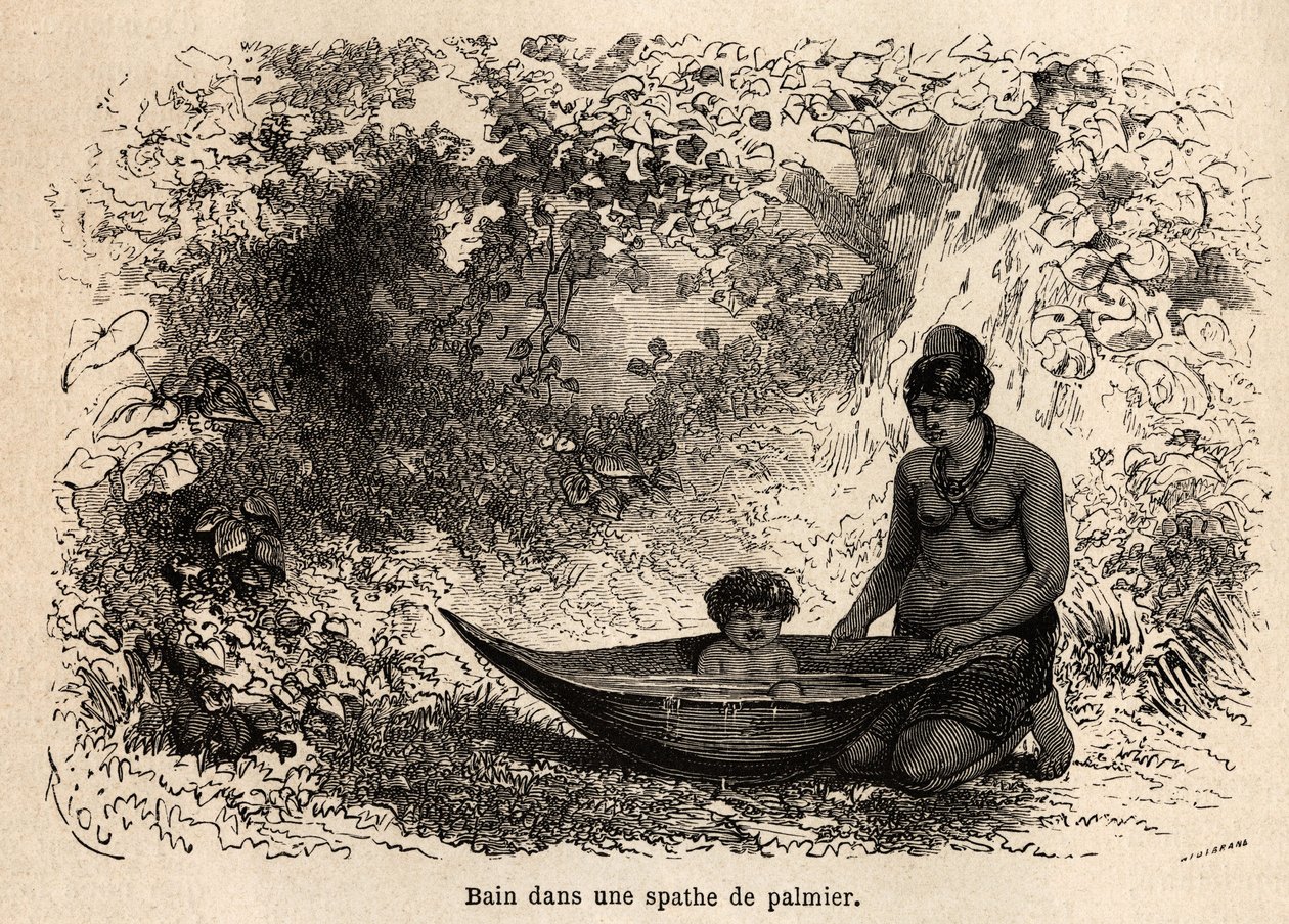Das Bad des Kindes in einem Palmblatt. Zeichnung von Riou, zur Illustration der Reise vom Pazifik zum Atlantik von Edouard Riou