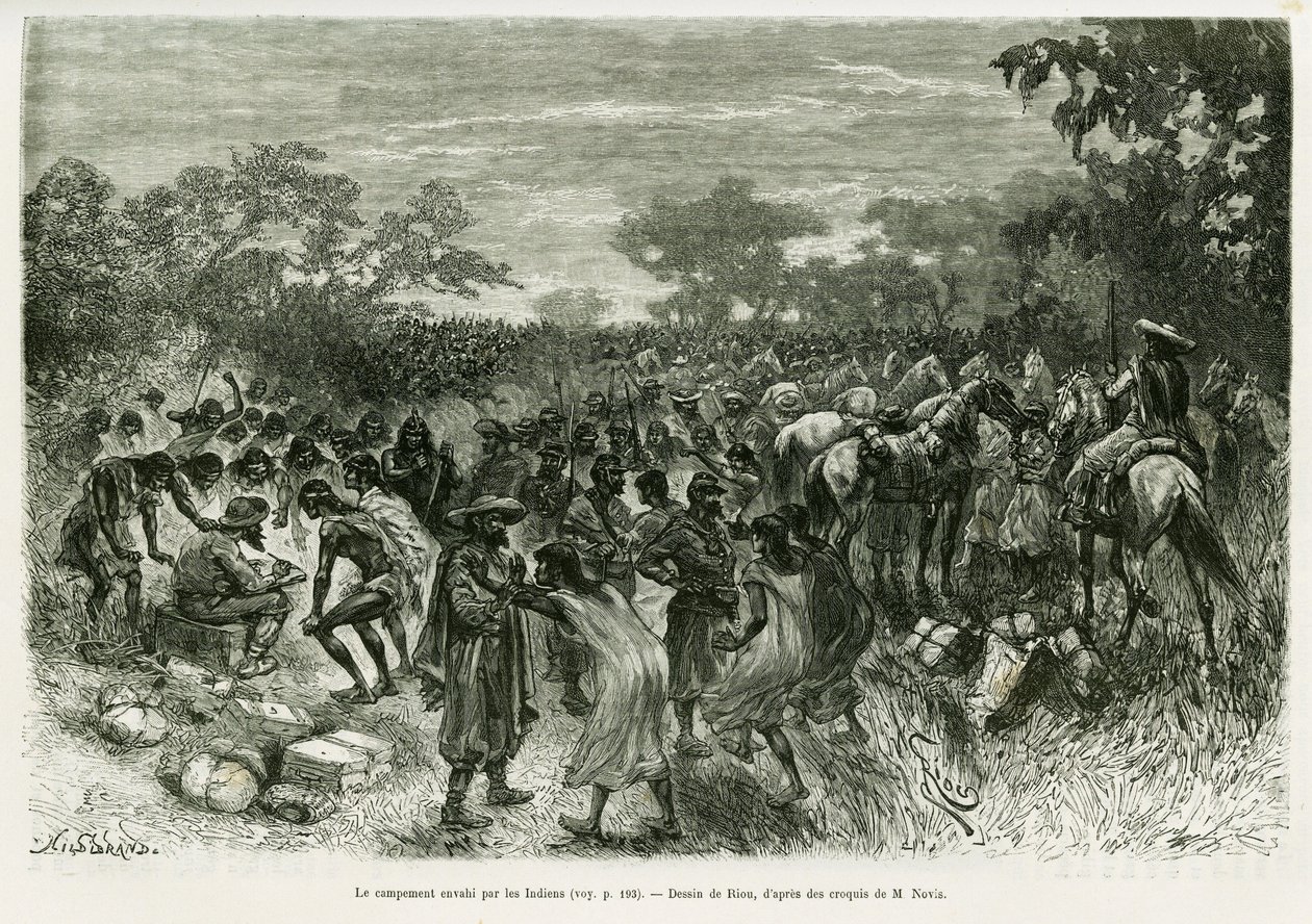Das Lager von den Indianern überfallen. Gravur von Riou, zur Illustration der Geschichte „Voyage dans le Chaco Boreal“. von Edouard Riou