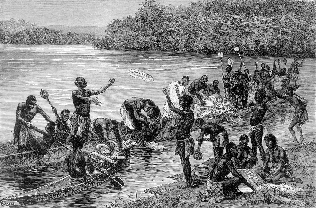 Die verschiedenen Aktivitäten des Stammes des Dorfes Adouma in Afrika. In „Reise in Westafrika“ von Brazza von Edouard Riou