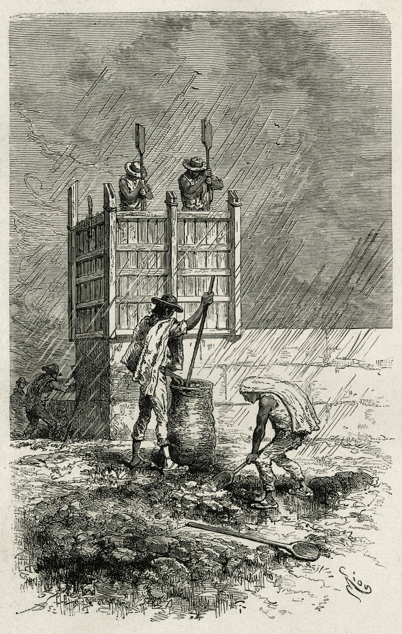 Der Tapial, eine alte Technik des Baus von Lehmwänden mit einer Holzschalung, verdichtet durch Stampfen und getrocknet durch die Sonne, Gravur von Riou, zur Illustration der Geschichte L