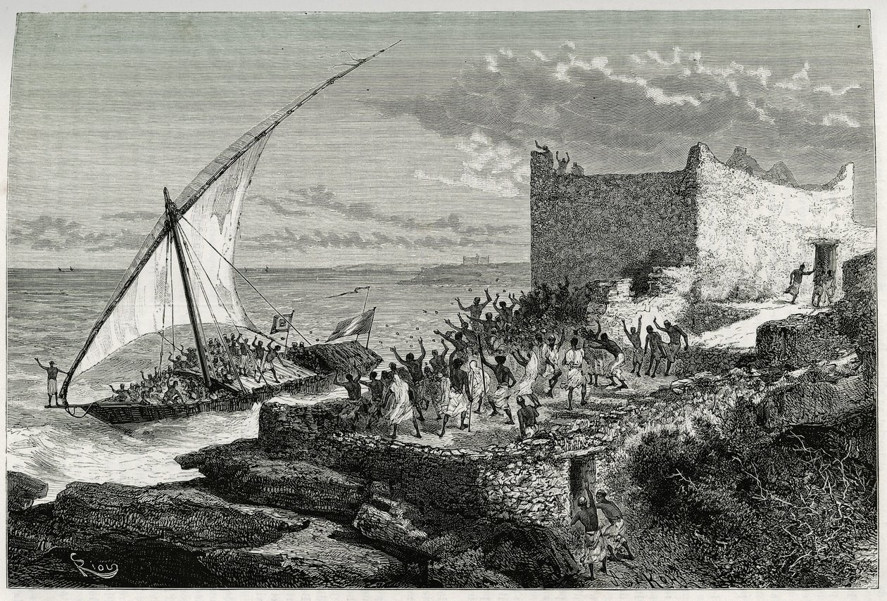 Mit dem Dung der Reisenden, die den Hafen von Moguedouchou (Mogadischu) betreten, machen die Matrosen einen großen Lärm, um die Menschen anzulocken, die sie mit Begeisterungsrufen empfangen. Gravur von Riou, zur Illustration der Geschichte „Reise bei den B von Edouard Riou