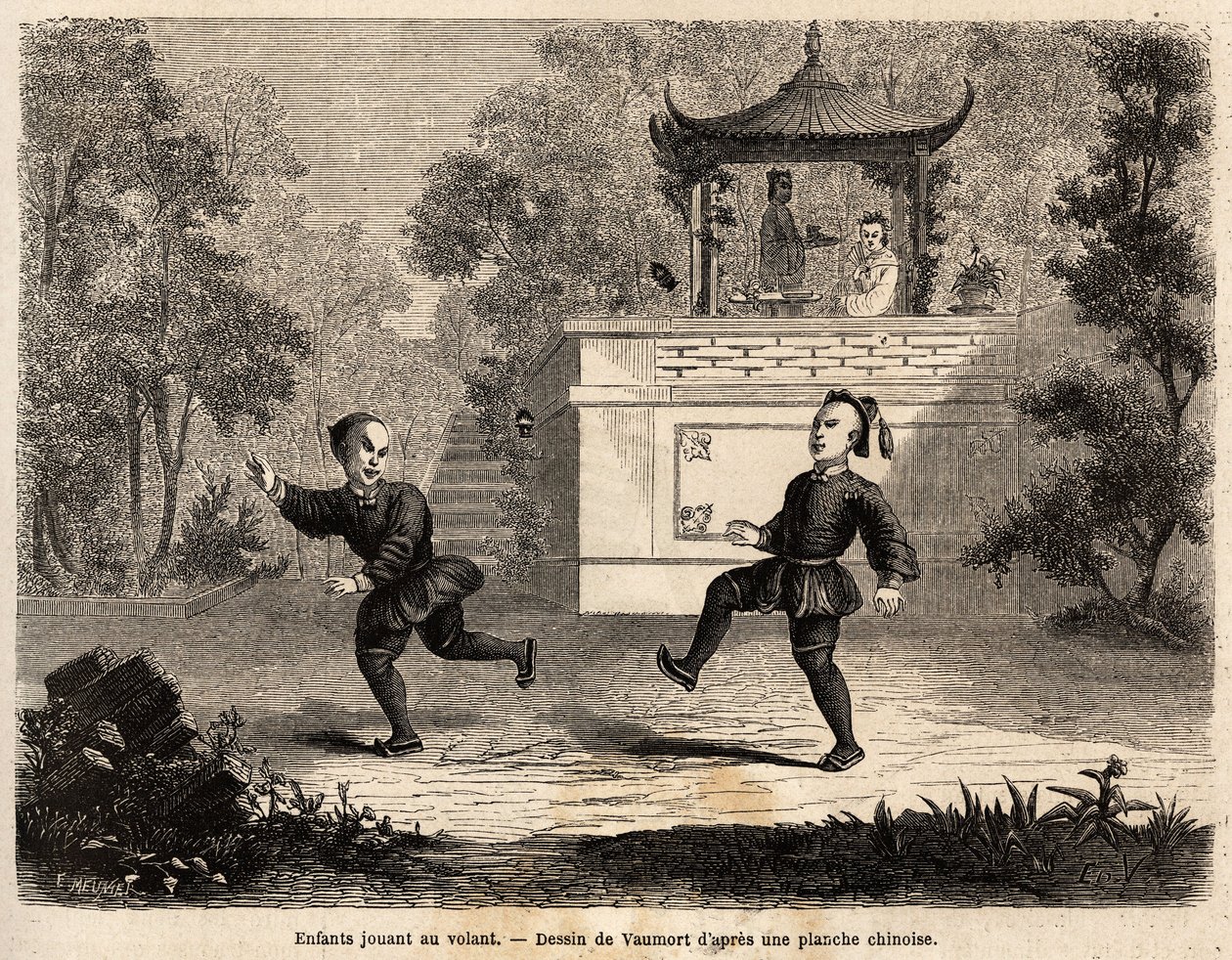 Chinesische Kinder spielen am Rad (Lederball, schwere Metallringe und drei lange Federn), unter der Aufsicht ihrer Mutter. Zeichnung von Vaumort zur Illustration der Reise von Shanghai nach Moskau 1859-1862 von M. de Bourboulon, französischer Minister in C von Edouard Vaumort